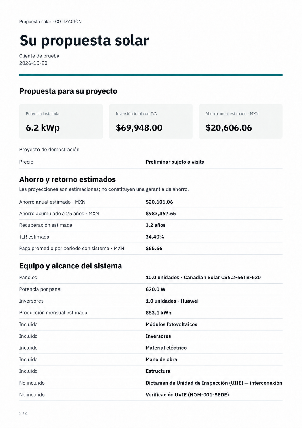 Detalle de una propuesta: inversión, ahorro estimado y retorno del sistema solar
