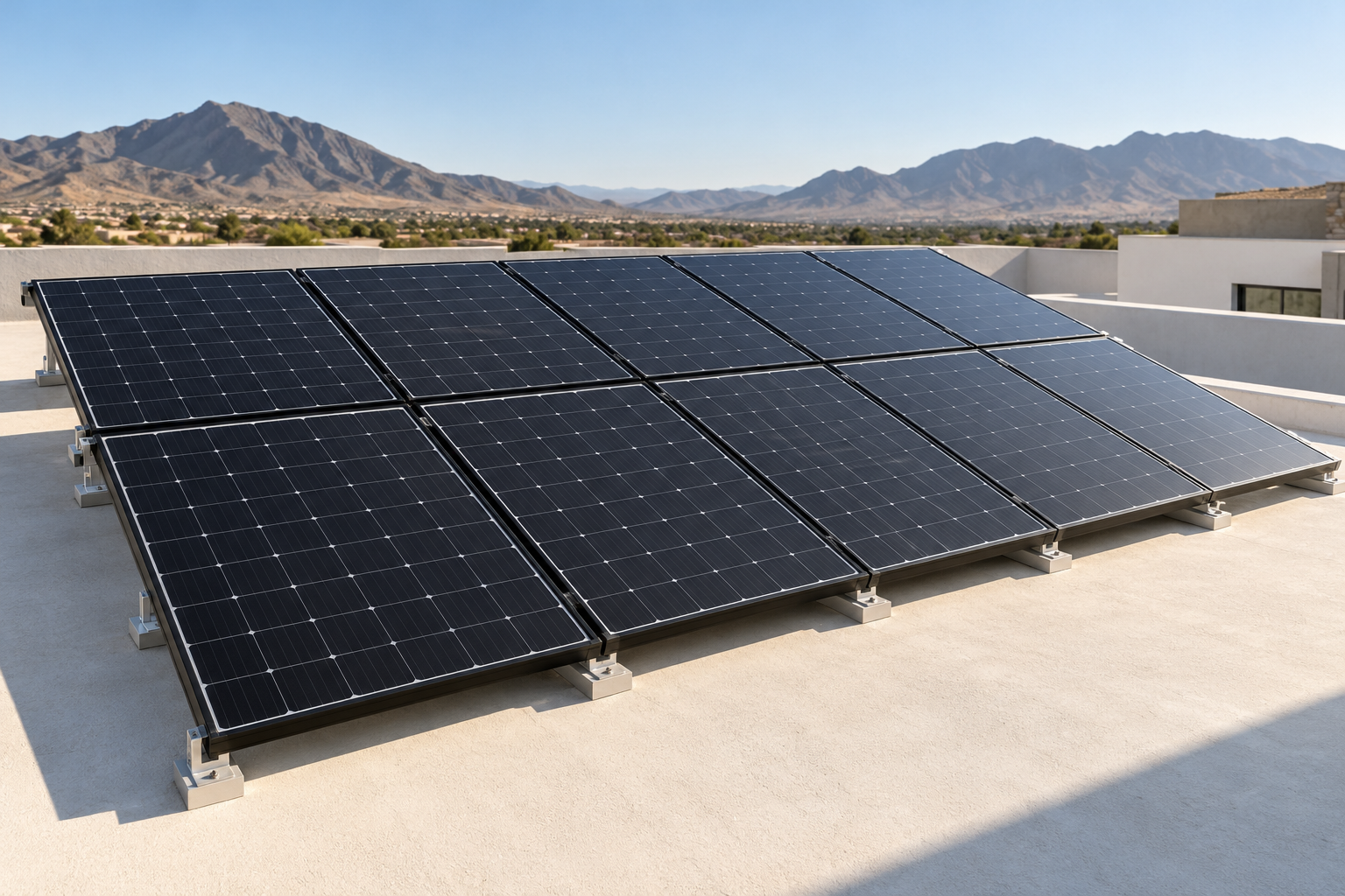 Imagen conceptual creada para Fasor: diez paneles solares sobre una cubierta residencial